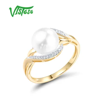 VISTOSO Prsten od prirodnih žuto zlato 14K 585 uzorka za žene, sjajni dijamanti, slatkovodni biseri, blagi večernji modni nakit Slika