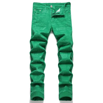 Kvalitetne zelene svakodnevne traperice s буквенным po cijeloj površini, gospodo trendy traperice u stilu hip-hop, oblikovana traper hlače Slika