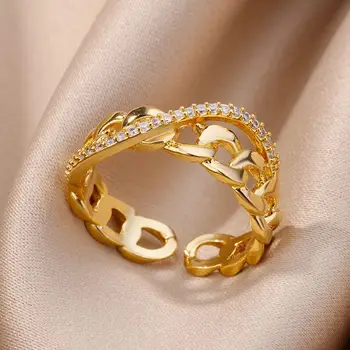 Prsten-lanac od nehrđajućeg čelika s kubični cirkon za žene, позолоченное podesiv prsten 2023, trend estetskih svadbeni nakit anillos mujer Slika