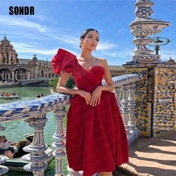 SONDR Kraljevsko crvena haljina trapeznog oblika s lukom na ramenima, večernje haljine za zabave u Dubaiju, večernje haljine Vestidos Slika