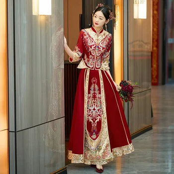 Elegantna odjeća za tost Qipao nevjesta, Orijentalni gurmanski banket, lijepu vjenčanicu, sjajna пайетки, kićankama s perlicama, Чонсам Slika
