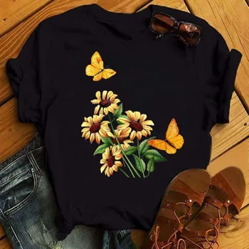 Nova ženska crna majica s cvjetnim ispis leptir, t-shirt u stilu харадзюку, slatka grafički t-shirt, ženska casual majica, ljetne majice, t-komadi Slika
