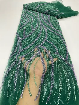 2023 Visokokvalitetna afrička čipka cvjetne čipke tkanina, zelena francuski nadvoji cvjetne čipke tkanina s perlicama, расшитая šljokicama cvjetne čipke tkanina za zurke Slika