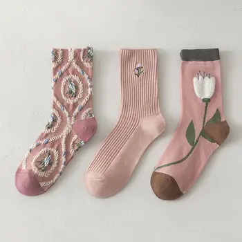 Ružičaste čarape s vezom u obliku cvijeta Harajuku, retro vintage ženske čarape u stilu koledž za djevojke srednje škole, japanski кавайные slatka duge čarape Slika