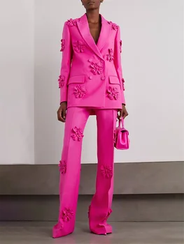 Svijetlo roza ženski kostim, u kompletu, sportska jakna, 2 komada, jakna + hlače, pamučne haljinu za prom s 3D cvjetnog aplikacija, večernja двубортное kaput visoke kvalitete Slika