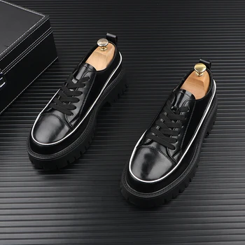 Muške casual cipele od prave kože u korejskom stilu, oxfords čipka-up, crne i bijele tenisice na platformu, branded dizajnerske cipele za muškarce Slika