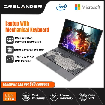 CRELANDER Gamer Laptop 16 inča 2560*1600 IPS Ekran, Intel Celeron N5105 Windows 11 Mehaničke Tipkovnice Gaming Prijenosna Računala Slika