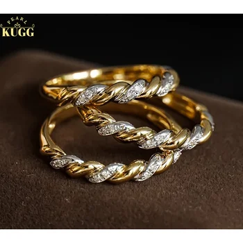 Prsten od žutog i bijelog zlata KUGG 18 Karata sa ovim prirodnim dijamantom, moderan ткацкий dizajn, nakit u stilu INS, vjenčani nakit za žene, vjenčanje Slika