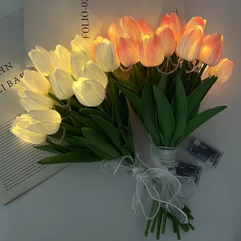 10-15 kom umjetni cvijet tulipana s led pozadinskim osvjetljenjem, buket tulipana, noćna lampa za ukrašavanje svadbene površine, poklon za rođendan Slika