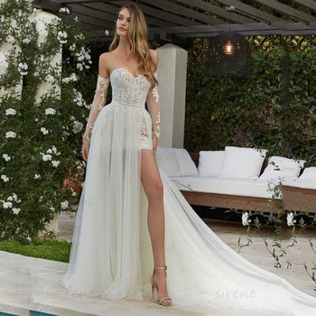 Vjenčanica-kombinezon u obliku srca, трапециевидное haljinu od bijelog tila dugi rukav, cvjetne čipke oblog, svadba haljina s prorezom sa strane, Vestidos De Novia Slika