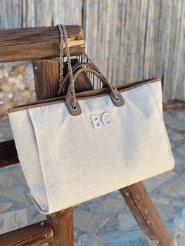 Velika luksuzna bež torba-тоут s monogramom na red, холщовая torba-тоут za beach kupovinu na lancu, osobna torba za vikend Slika