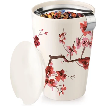 Šalica u boji trešnje, stakleno keramička šalica za varenje čaja sa košarom za varenje i poklopcem za varenje slobodnim lima čaja sa mogućnošću filtriranja Slika