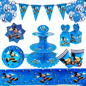 Pribor za zabavu u čast rođendana u plave teme s Mickey Mouse, baloni, tanjuri, čaše, salvete, Stolnjak, ukras za dječju dušu, djeca, dječaci Slika