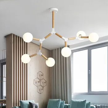 Moderna kreativno led luster u skandinavskom stilu sa staklenim loptu za dnevni boravak spavaće sobe, drveni luster G9, svjetiljke za unutarnju rasvjetu Slika