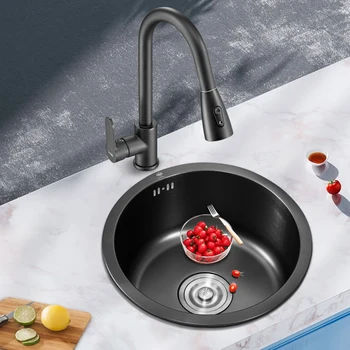 Kuhinjski sudoper od nehrđajućeg čelika, okrugli bar, s jednim utorom, crna nano-umivaonik s ventilima, pribor za uređenje doma Slika
