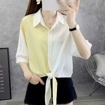 Korejski moda majica kontrastne boje s kopčom za žene, ljetna svakodnevni bluzu s odbačenost ovratnik, prugasta bluza čipka-up, ženska odjeća Slika