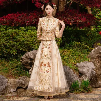 Elegantan Četkica Cheongsam Relour, Vez U Kineskom Stilu, Šljokice, Izvlačenja, Vjenčanica, Vjenčanja Kit, Odijelo Mladenke Slika