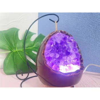 Oblik jaja, Prirodni kristal Ametist šljunka USB noćno svjetlo Žarulja Dekoracija stola Obrt Ukras kuće Slika