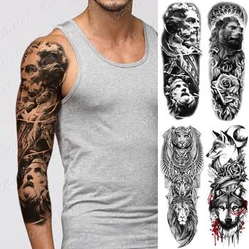 Velika tetovaža na rukavu, skulptura, Anđeo, Ratnik, Lav, vodootporan privremena tetovaža, naljepnica, Lisica, body-art, puna lažna tetovaža, žene, muškarci Slika