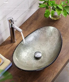 Novi ovalni umivaonik, jedinstveni set slavina za sudoper od kaljenog stakla, obliku ingota, svijetle savijanje, jasan, moderan dizajn, šljive od kromiranog slavine Slika