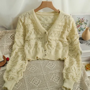 Jesen ženski džemper, šuplje kardigan, kratko, s niskim cutaway, однобортный, dugih rukava, pletene univerzalne vrhovima, zimski Slika