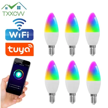 6pcs Tuya WiFi E14 Svijeća RGB led žarulja 100-240 Pametna lampa sa podesivim ona radi sa Alexa Svjetiljka Google Home Yandex Alice Slika