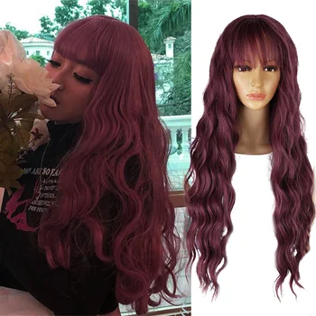Amir Sintetičkih duge valovite perika za crne žene, afroameričke, ružičasta kosa, ljubičasta perika s šiške, toplinu perika za косплея Slika