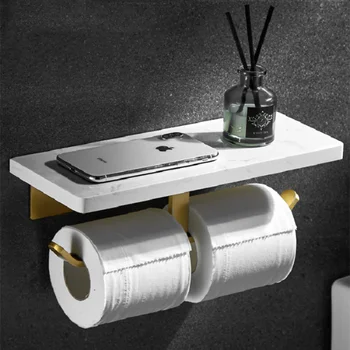 Držač za role papira za kupaonicu, aluminij i mramornu kadu, vješalica za ručnike za mobilni telefon, polica za toaletne maramice, zidni luksuzni mat zlatna Slika