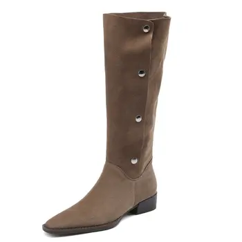 2024 Jesensko-zimske ženske čizme do koljena, nova svakodnevni uredski ženske cipele iz kravlja koža antilop na niske pete, ženske, veličine 34-42 Slika