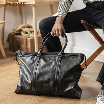 PNDME funky jednostavna muška crna putnu torbu od prave kože, dizajn luksuzna torba velikog kapaciteta od prave bičevati za vikend na otvorenom Slika