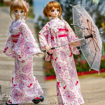 Nova lutkarska odjeća BJD 1/6 1/4 1/3 ružičasti kimono s petardi dd msd ujak yosd elegantan юката s kišobranom u obliku trešnje pribor za lutke Slika