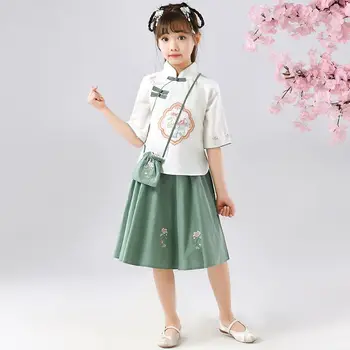 2 kom./compl., ljetni dječji kostim Hanfu za djevojčice, odijelo doba Tan, kineski-tradicionalni top, suknja, odjeća Slika