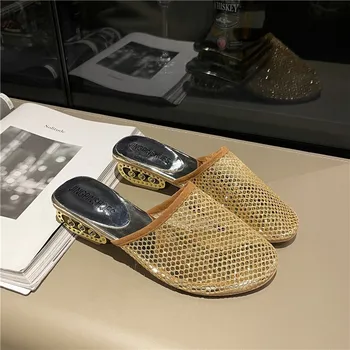 Ženske papuče od zlata 2023 godine, velike dimenzije, moderan ženski luksuzni sandale Pantuflas De Mujer, cipele s zabio površine, ženski luksuzni sandale Slika